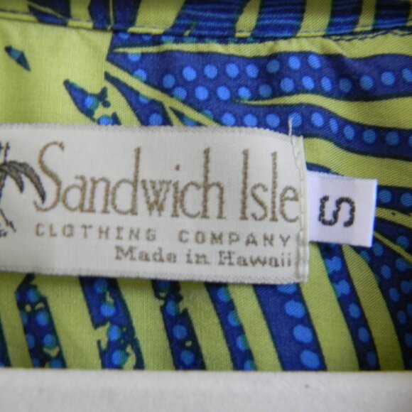 VINTAGE 90'S SANDWICH ISLE BLUE/GREEN MADE IN HAWAII HAWAIIAN BUTTON DOWN SZ S - Picture 3 of 4